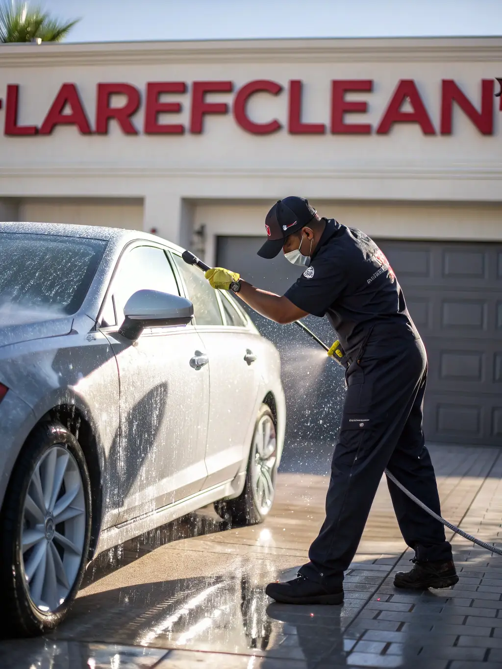 A Fleet Car Wash technician using a high-pressure washer to thoroughly clean the undercarriage of a car, removing dirt and grime.