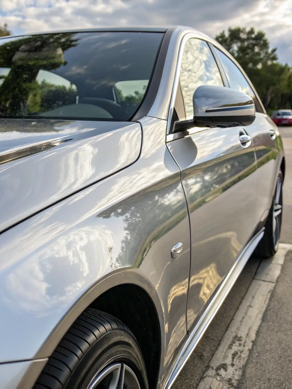 A clean car with a shiny finish, water beading on the surface, parked in a company parking lot, showcasing the results of a recent fleet wash.
