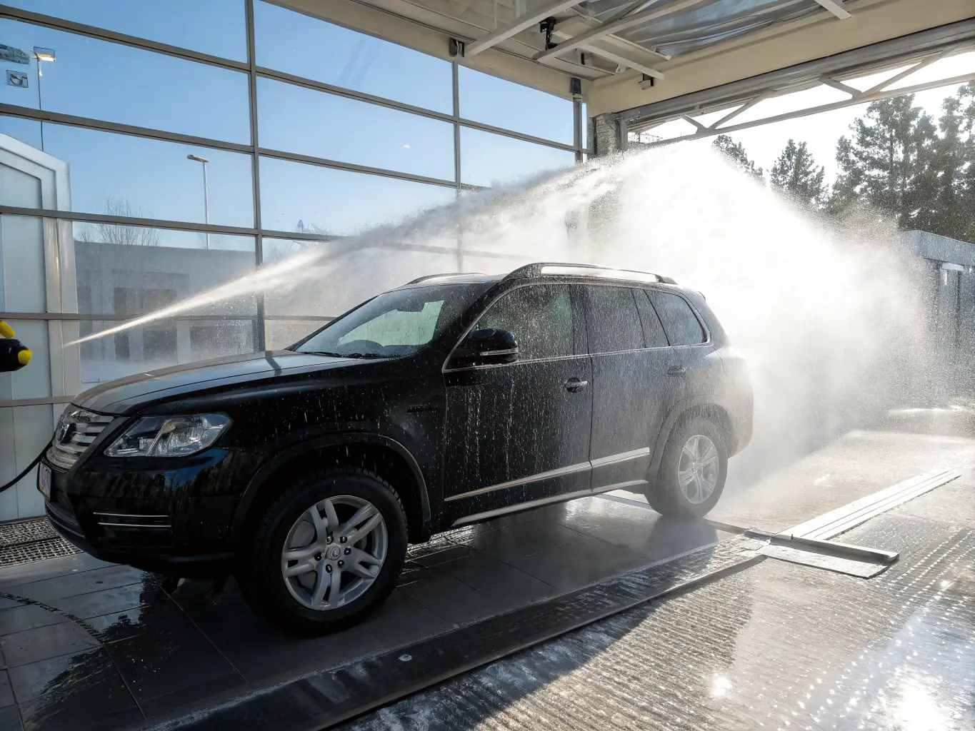 A fully equipped Fleet Car Wash truck arriving at a corporate office park to wash a fleet of company vehicles, showcasing the convenience of the mobile service.