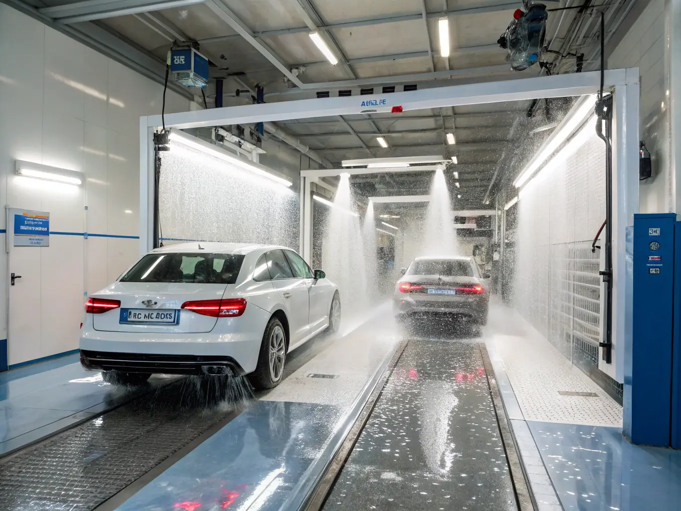 A car moving through an automated car wash tunnel, emphasizing the speed and efficiency of the express wash option.