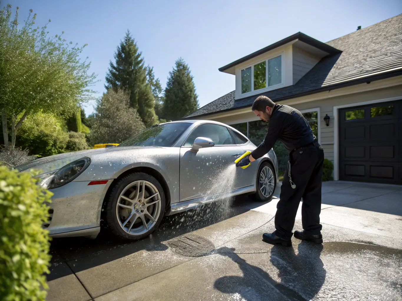 A technician meticulously hand-washing a car, highlighting the attention to detail and quality of the service.
