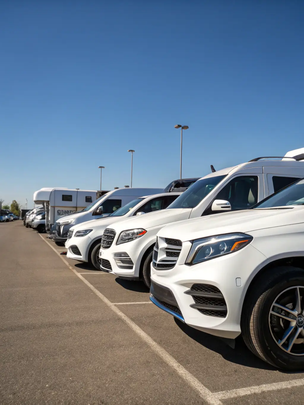 Several company vehicles being washed simultaneously by a Fleet Car Wash mobile unit in a business parking lot, demonstrating efficiency.